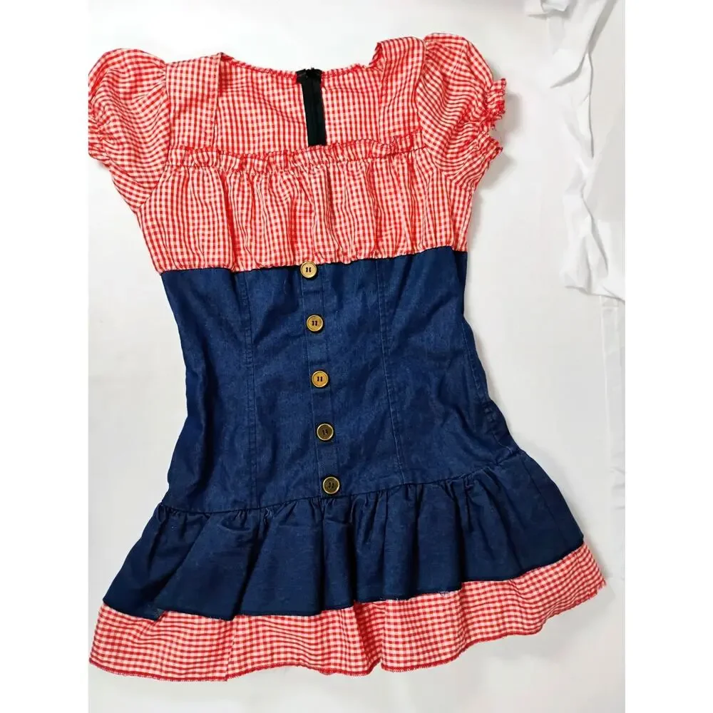 Girls Dorothy Dress Costume Gingham Chambray Wizard Oz Dance Halloween